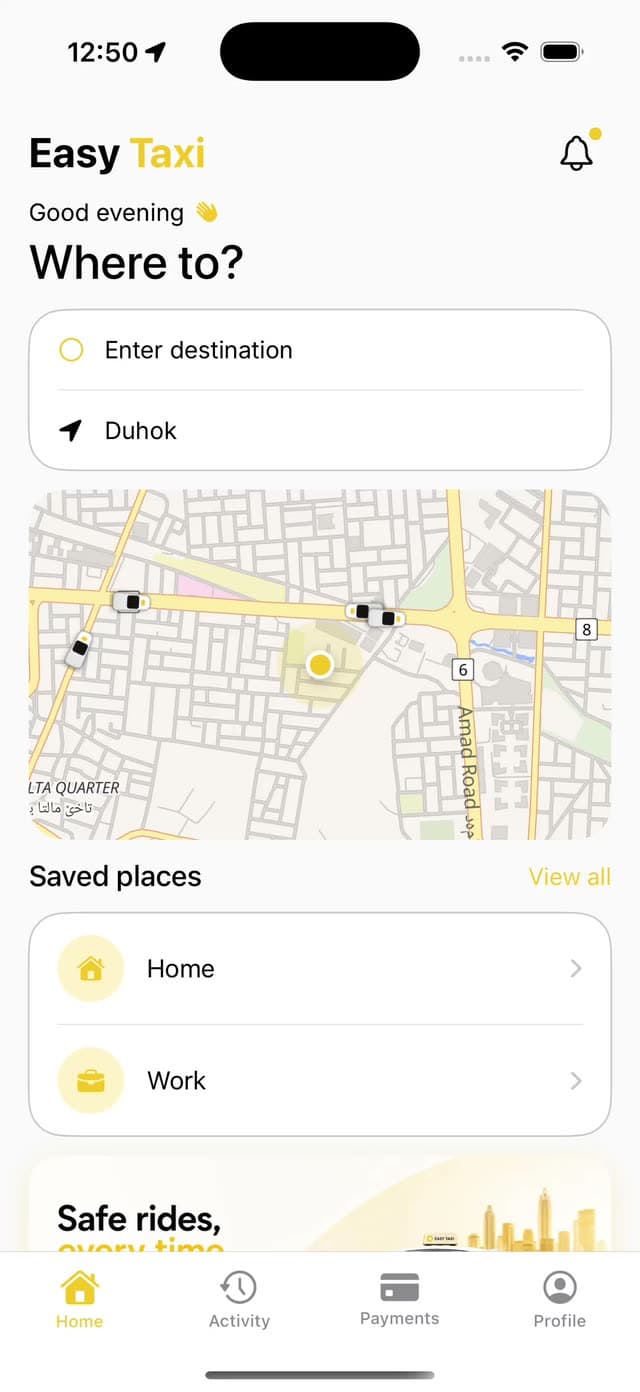 EasyTaxi — خدمة تكسي لكردستان: تطبيقات للركاب والسائقين وتتبّع مباشر ودفع محلي وخريطة مباشرة للإدارة.